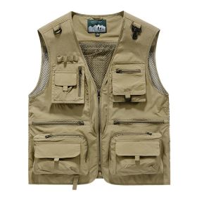 2024 Summer Men US Tactical Hiking Fishing Vest Mens 14 Pockets Photographer Waistcoat Mesh Sleeveless Jacket Fishing Vest 6XL (Color: Khaki, size: XXXL  75KG-80KG)